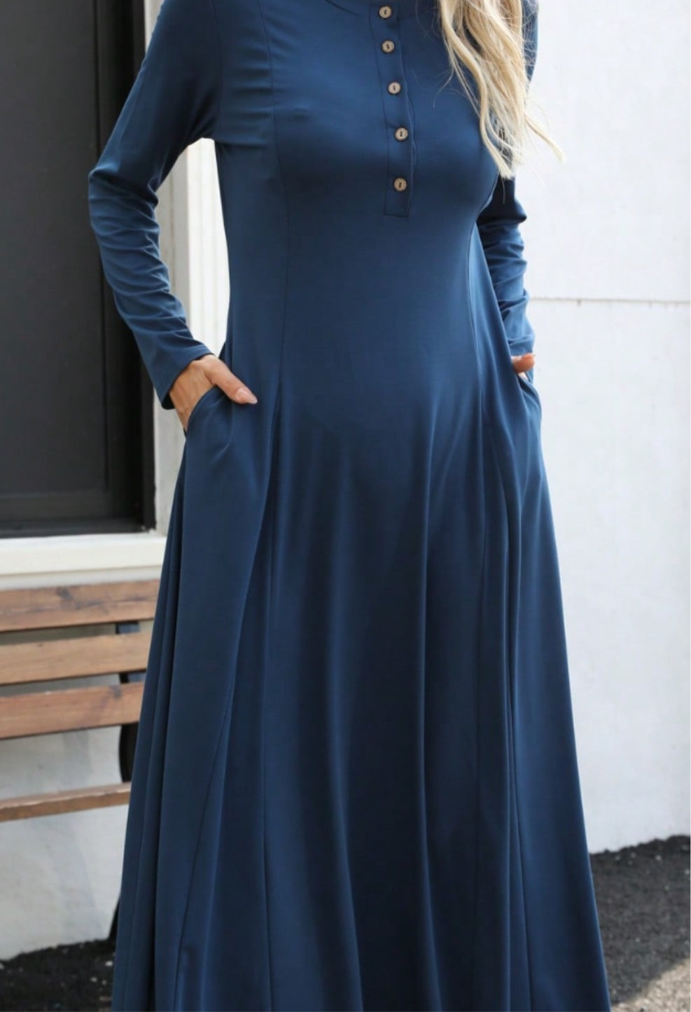 Round Neck Long Sleeve Maxi Dress with Pockets