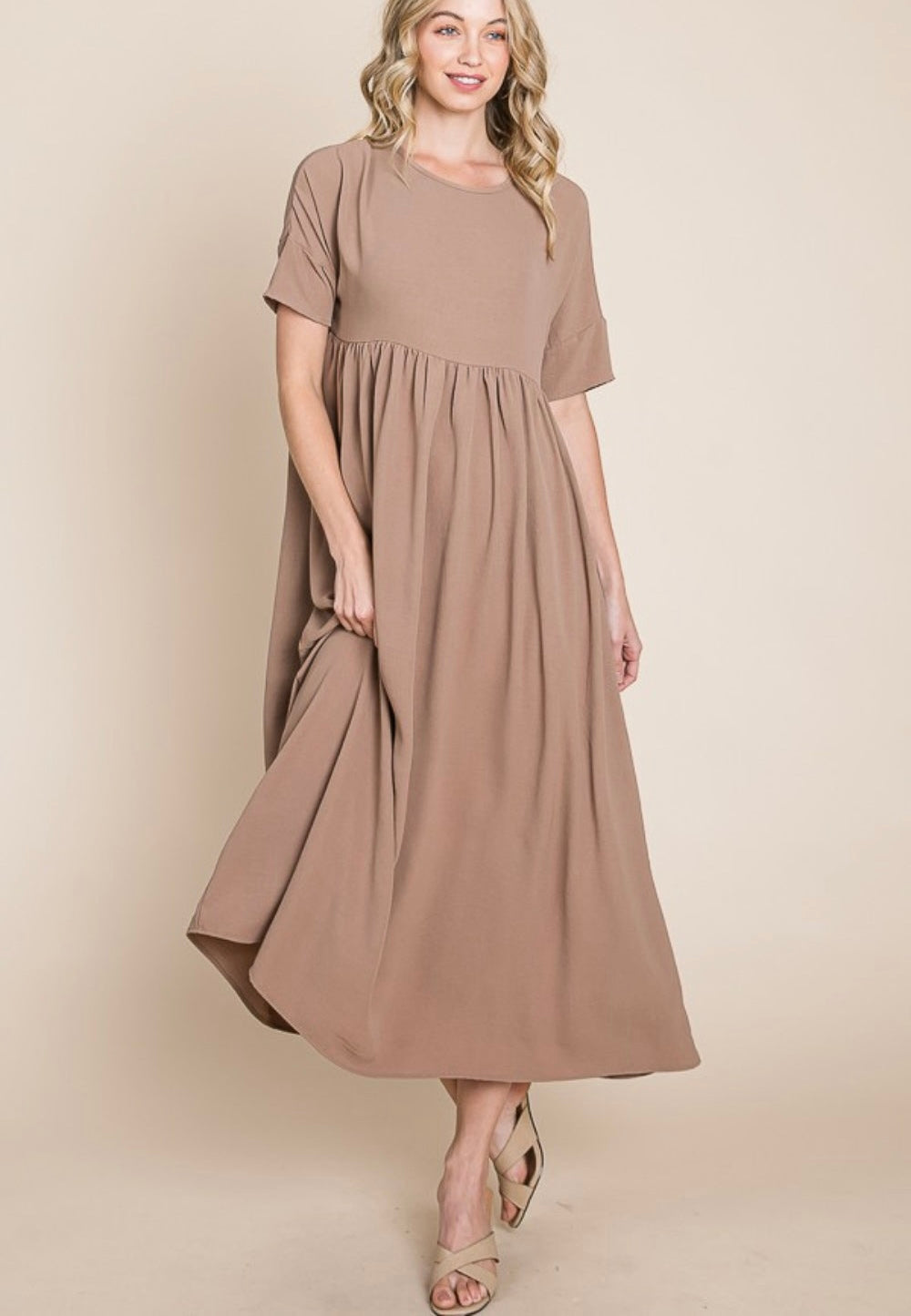 BOMBOM Round Neck Ruched Midi Dress