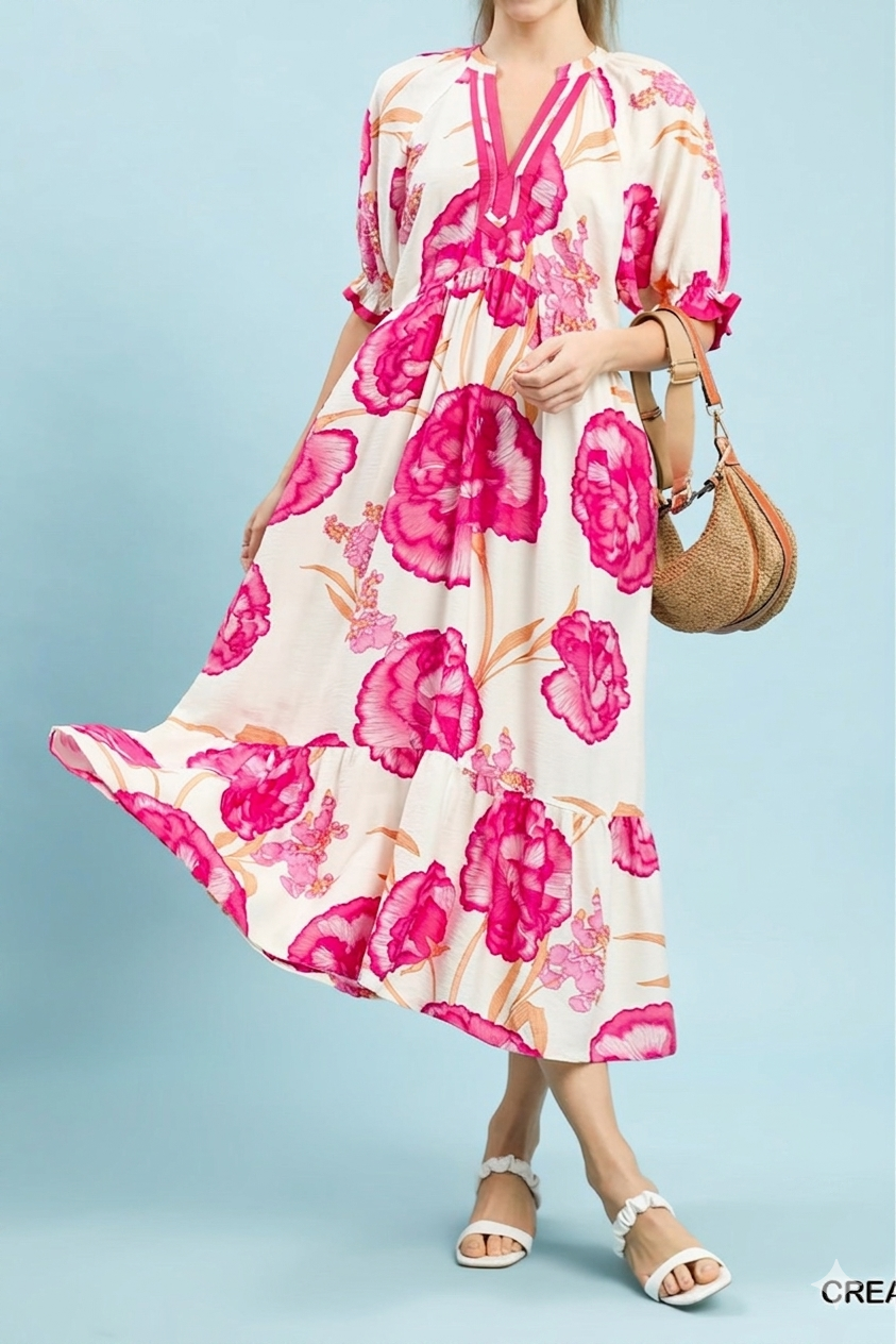Umgee Floral Print Midi Dress with Contrast Trim