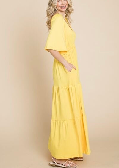 Culture Code Backless Plunge Half Sleeve Tiered Dress