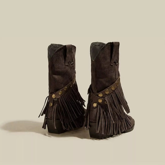 Dark brown suede western fringe boots with studded strap detailing and side fringe