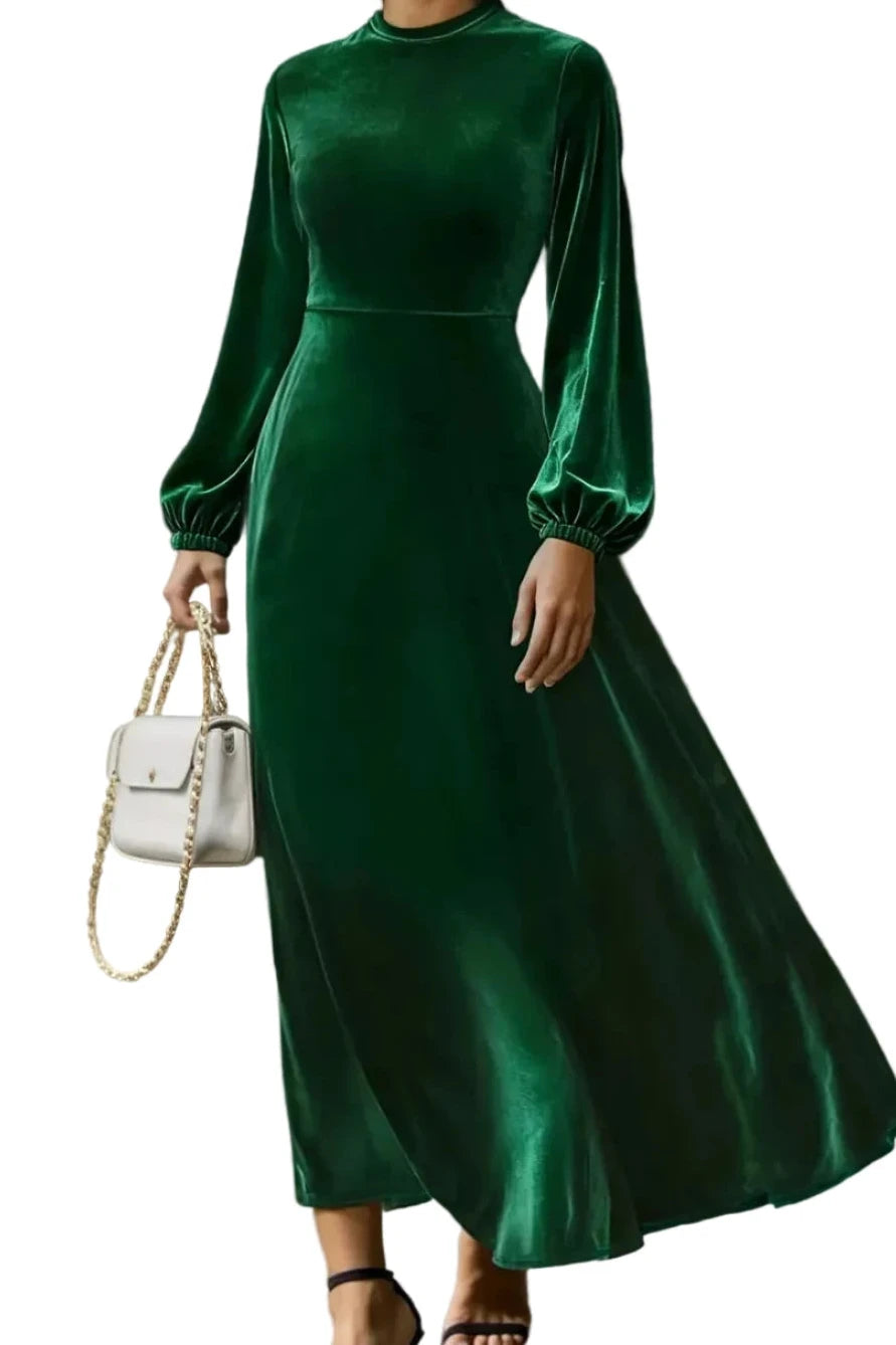 Dark green velvet maxi dress with balloon sleeves and fitted waist