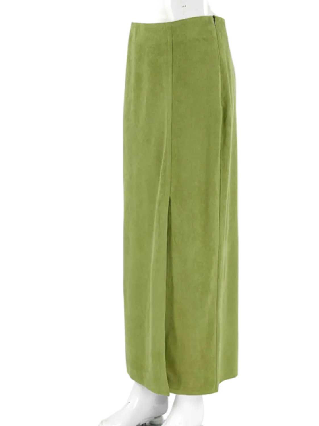 Matcha green midi skirt shown at an angle, revealing its side slit.