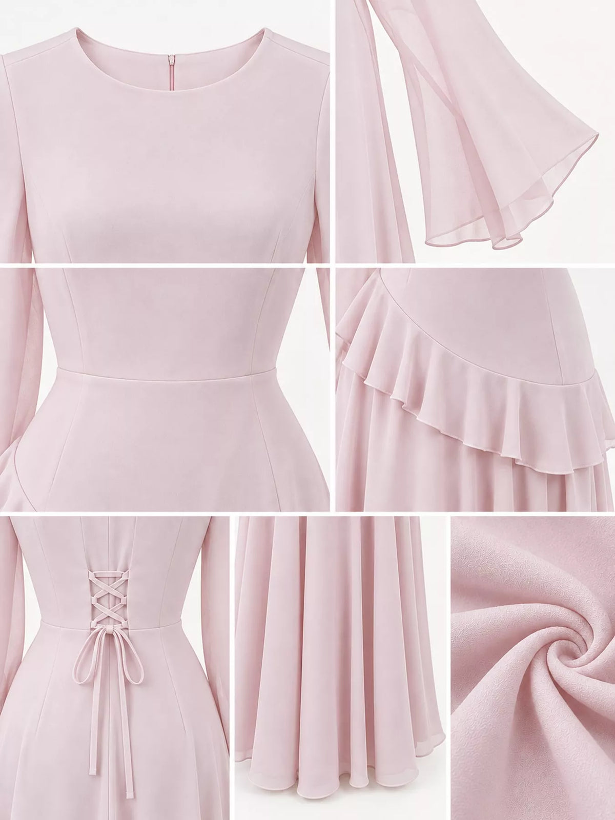 Light pink maxi dress with lace-up back and tiered ruffle hem