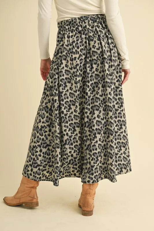 Aemi+Co leopard midi skirt shown from the back with a gathered waist