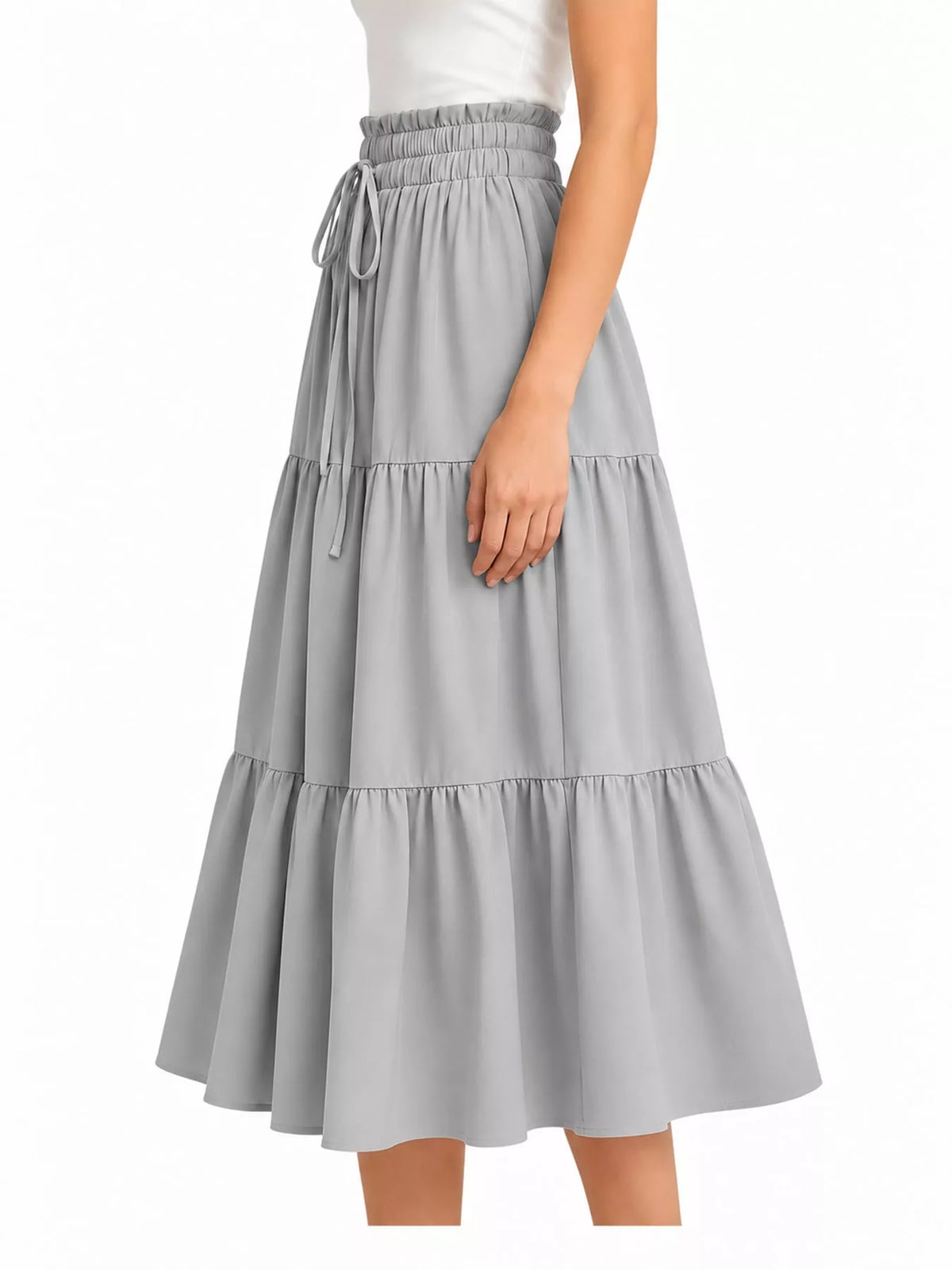Light gray tiered midi skirt with elastic waistband and side view of layered tiers