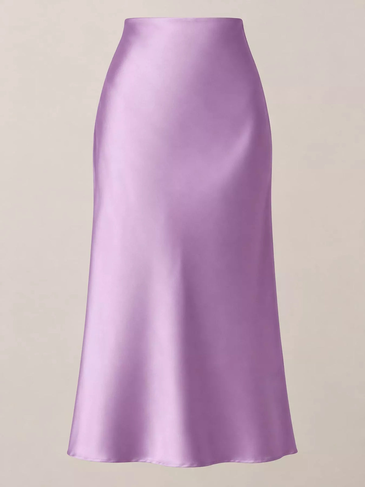 High-waisted satin midi skirt in lavender, front view with flared skirt body