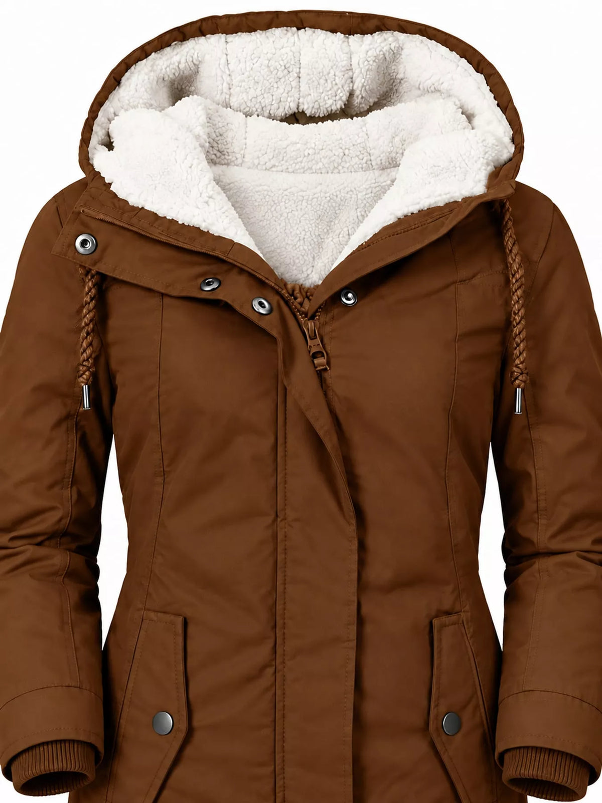 Brown hooded sherpa-lined parka front with toggle drawstring and snap buttons