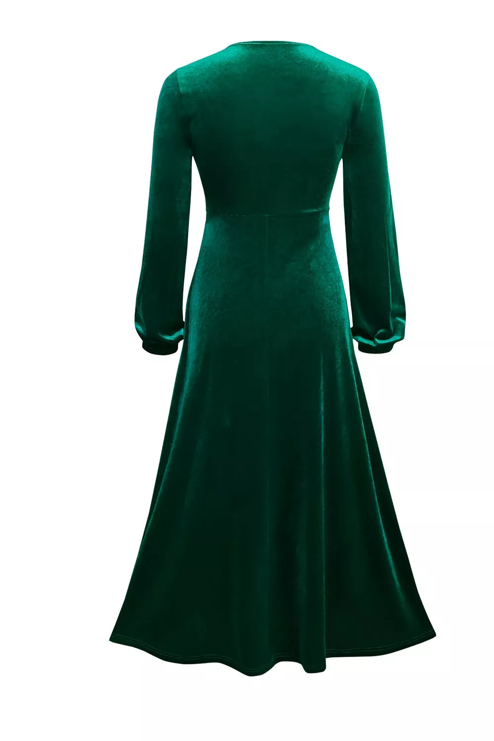 Back view of dark green velvet maxi dress with long balloon sleeves