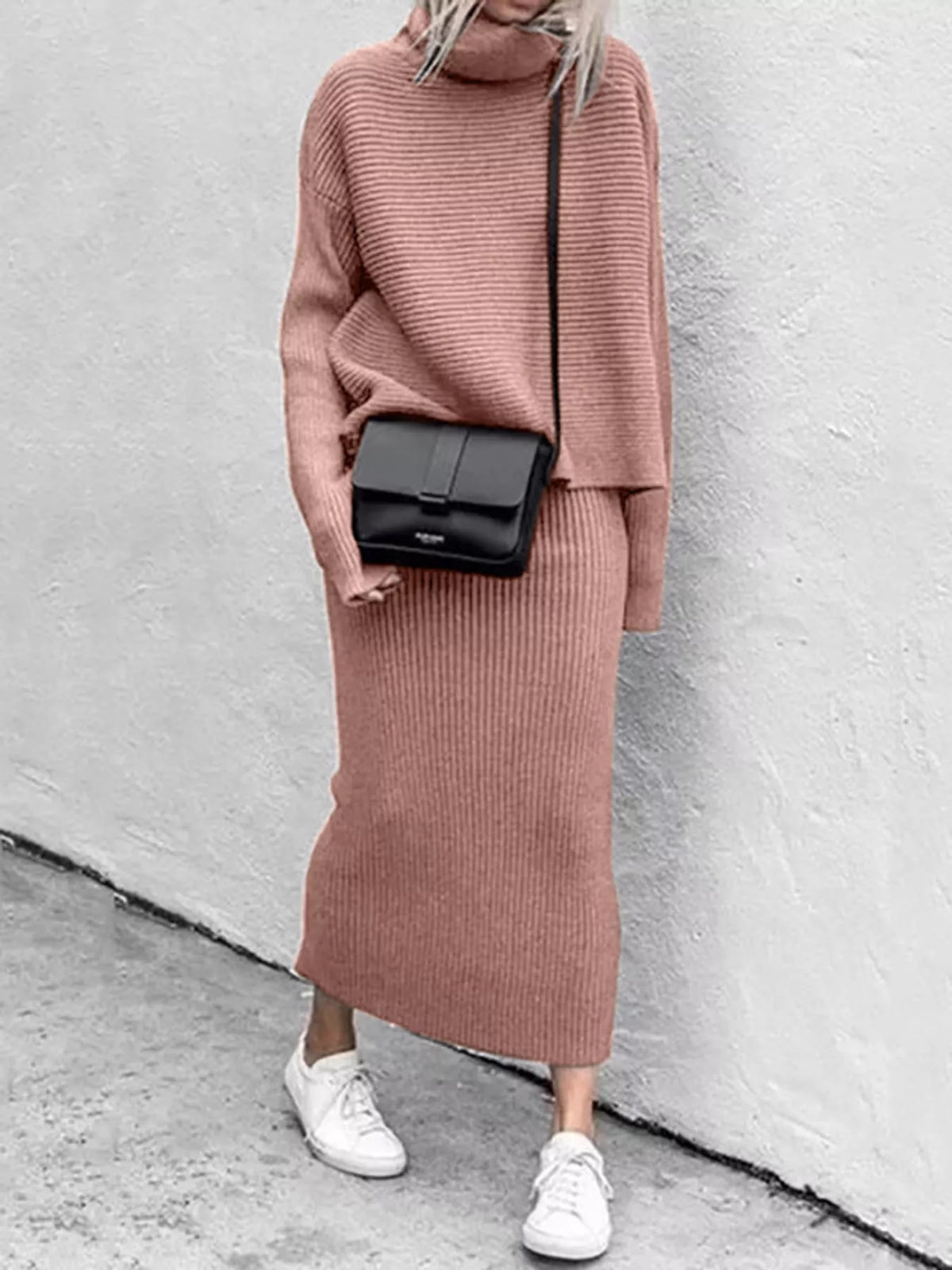 Pink ribbed sweater and matching midi skirt set, front view