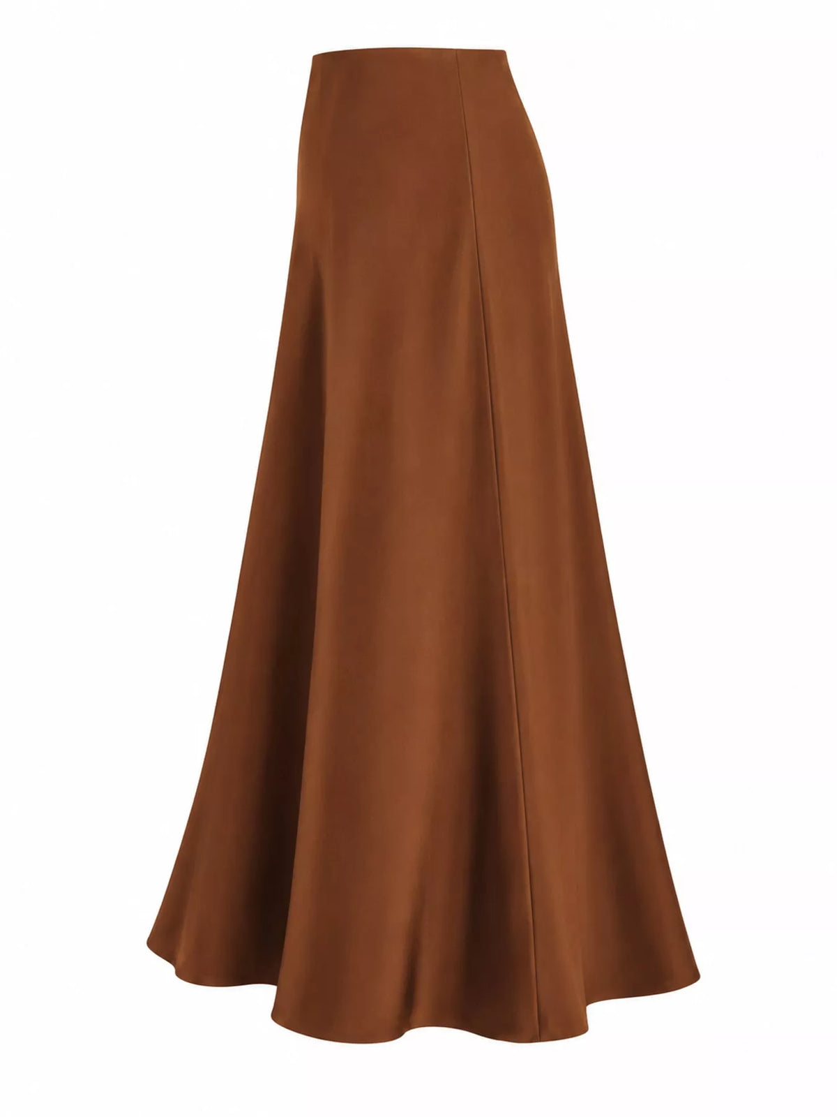 Caramel satin midi skirt shown at an angle, with a high waist and flowing A-line shape