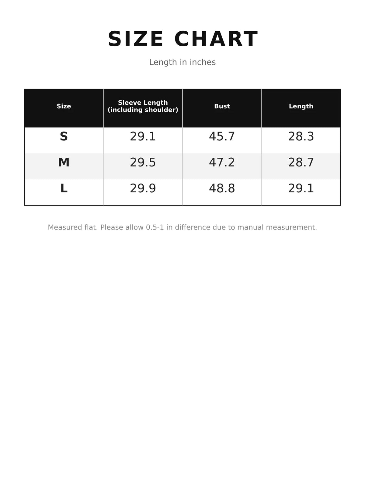 Jacket size chart with S, M, L measurements (length, sleeve, bust)