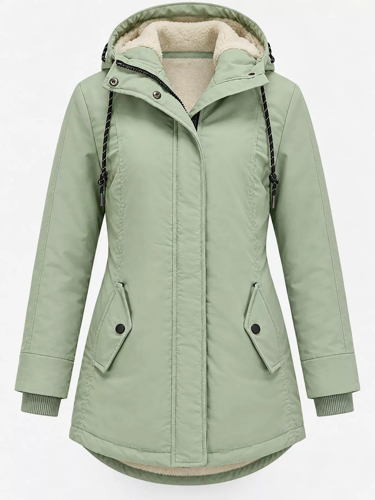 Light green hooded sherpa-lined parka front with flap pockets and drawstrings