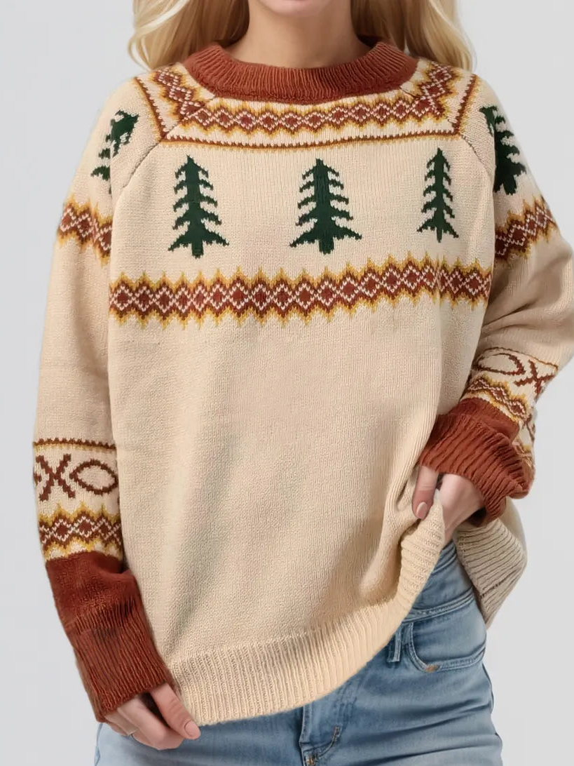 Tan knit round-neck sweater with fair isle trees and brown patterned cuffs
