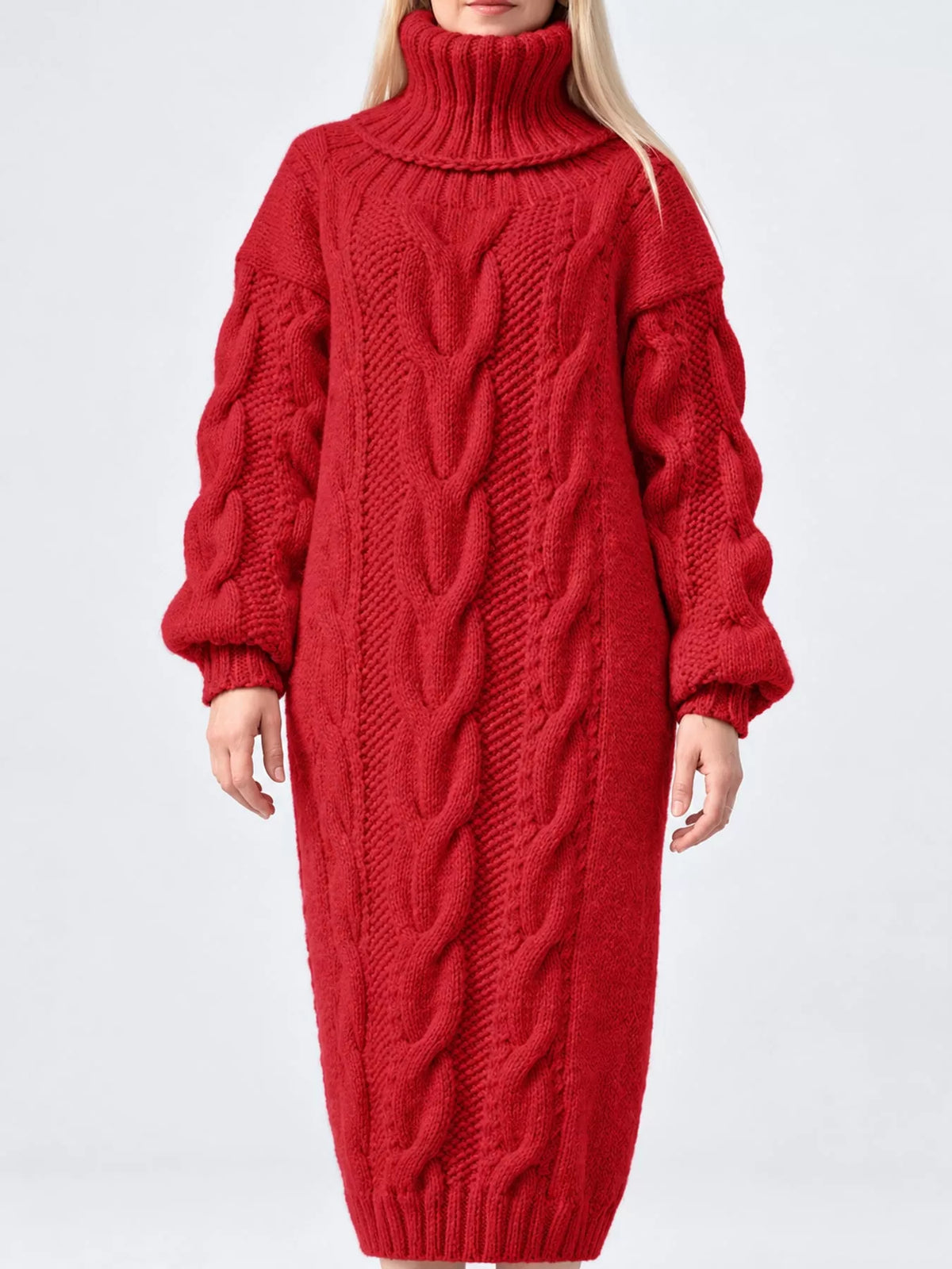 Chunky cable-knit turtleneck sweater dress in red, front view, long ribbed sleeves.