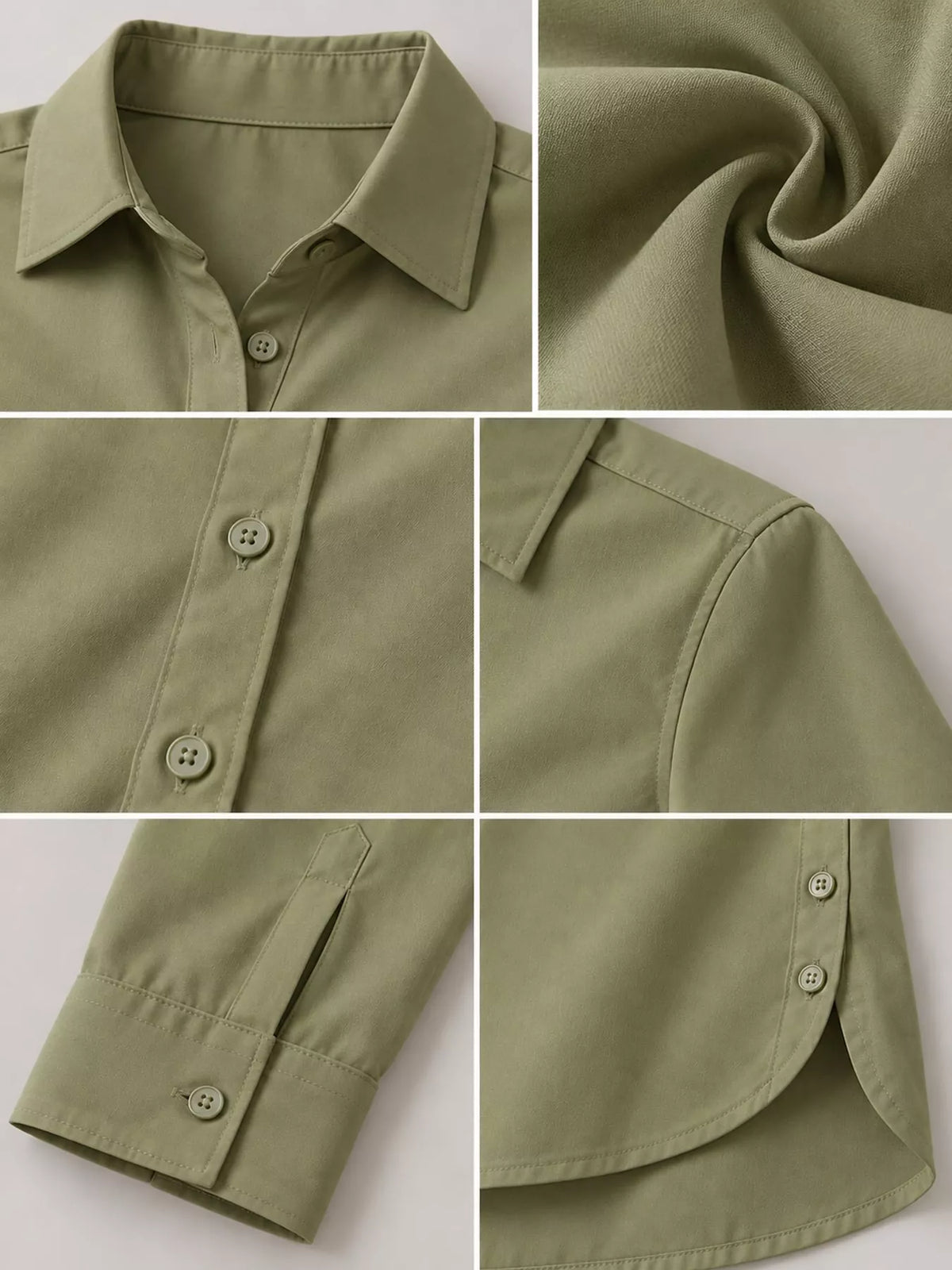 Olive green long-sleeve button-up shirt with pointed collar and four-button placket.