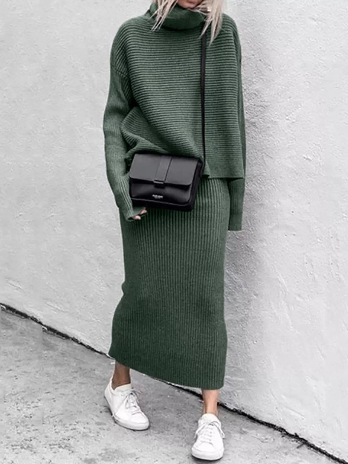 Green ribbed turtleneck sweater and midi skirt set, shown from the front