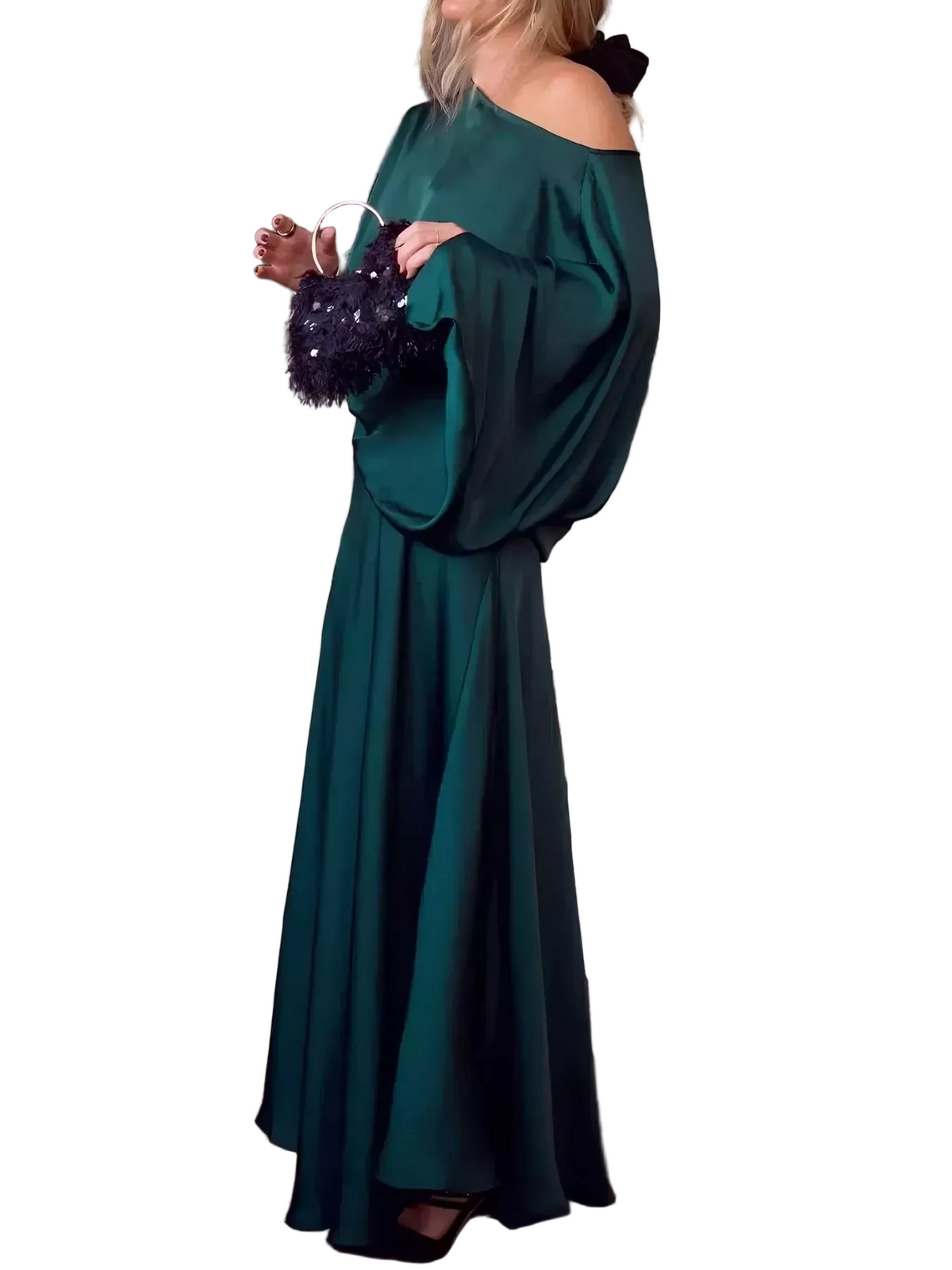 Dark teal satin maxi dress with draped neckline and loose cape sleeves, flowing skirt