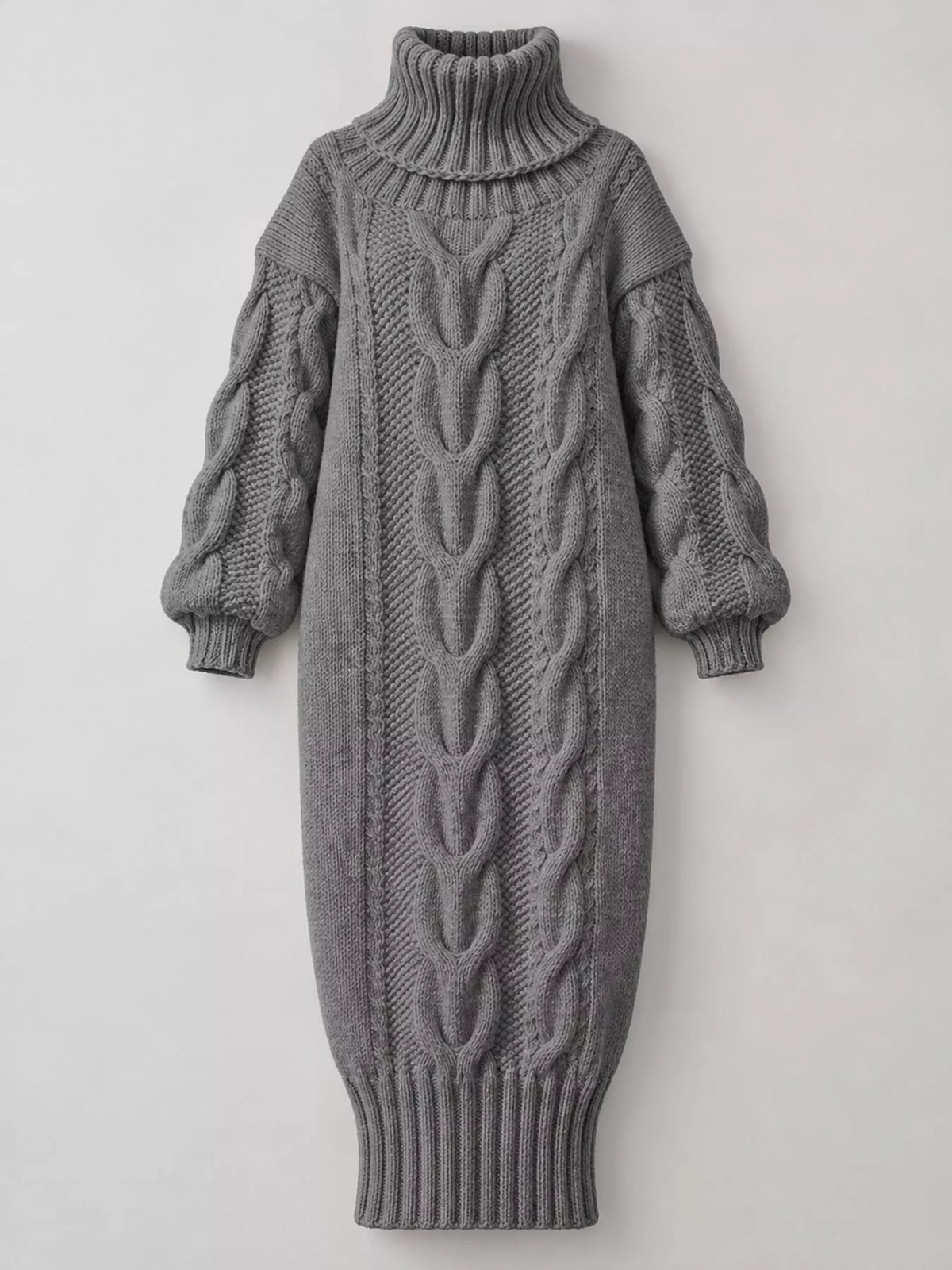Chunky cable-knit turtleneck sweater dress in dark gray, front view, ribbed cuffs and hem.