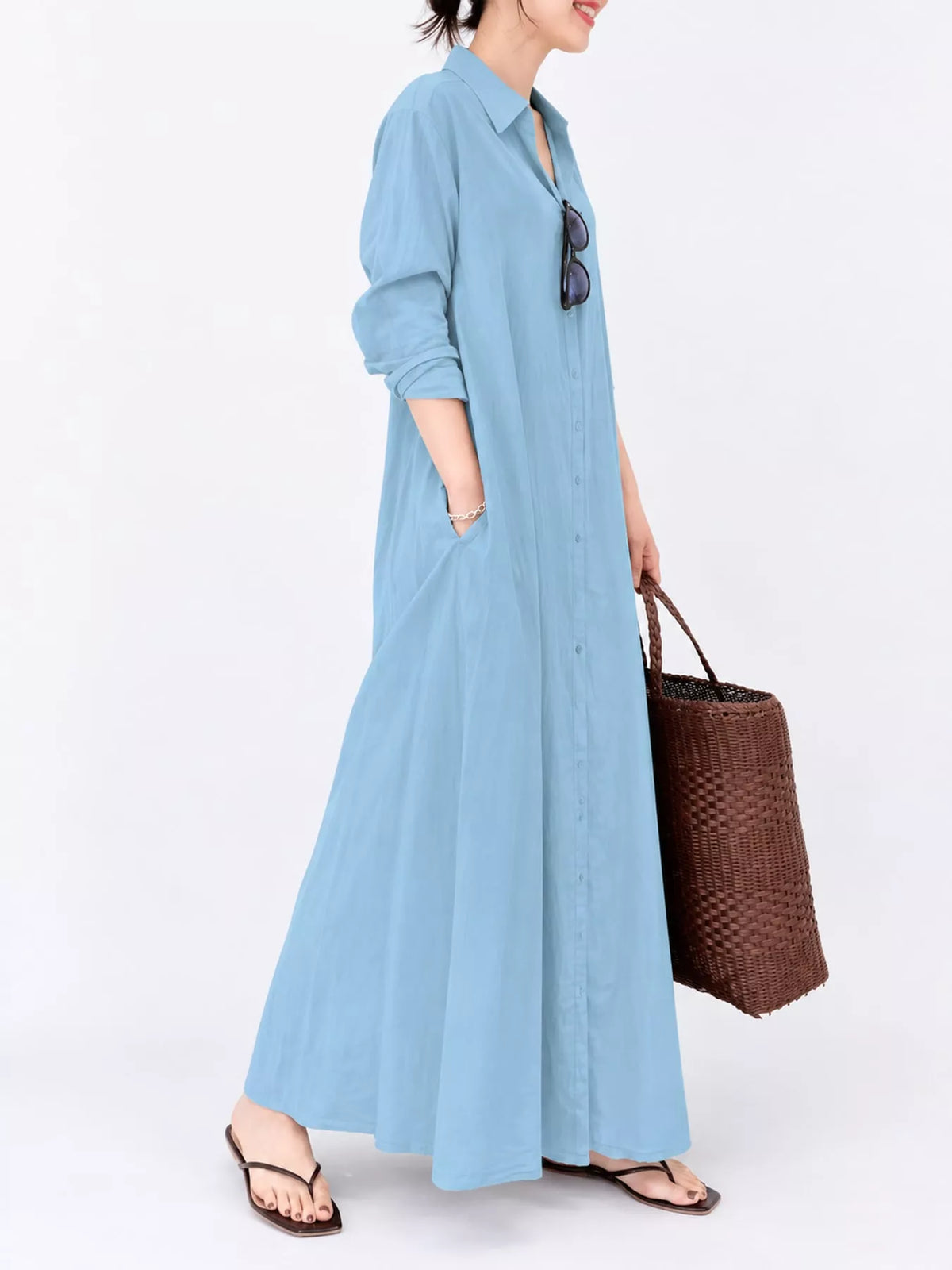 Light blue button-front maxi shirt dress, 3/4 sleeves with cuffs and A-line skirt