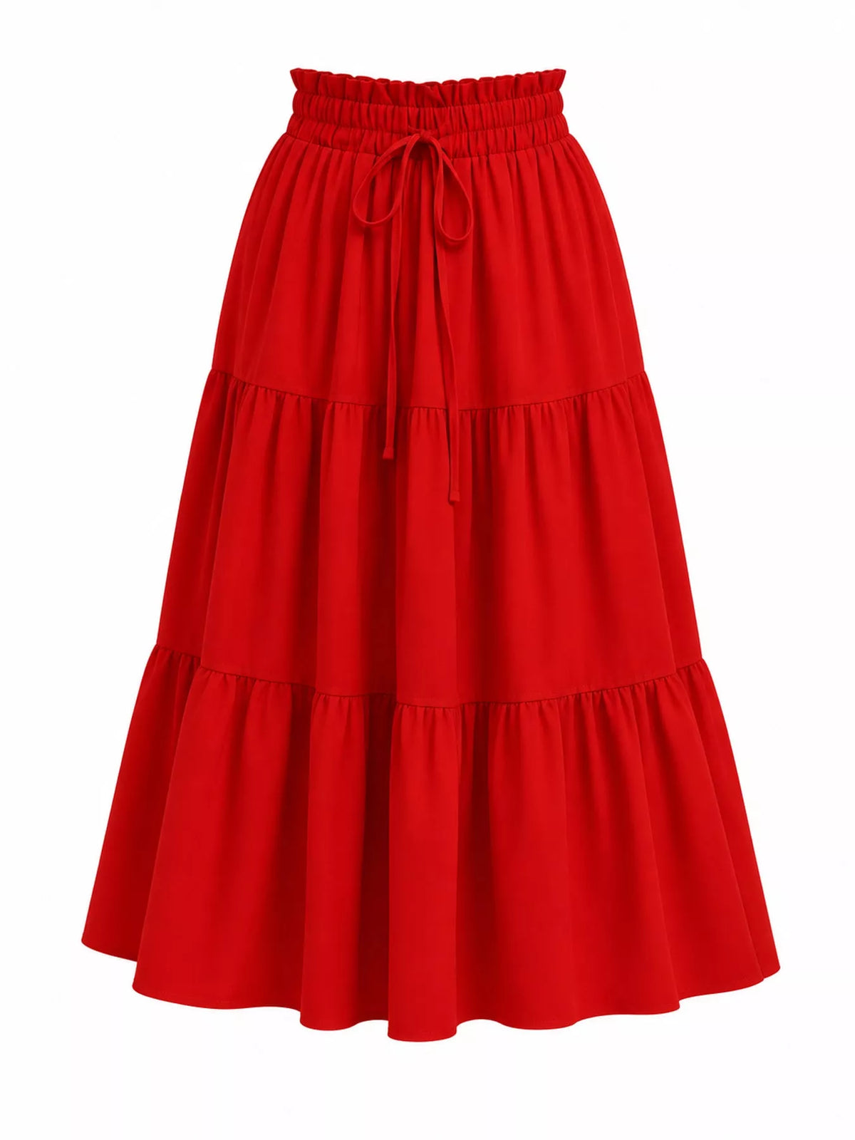 Red tiered midi skirt with elastic waistband and layered ruffle hem