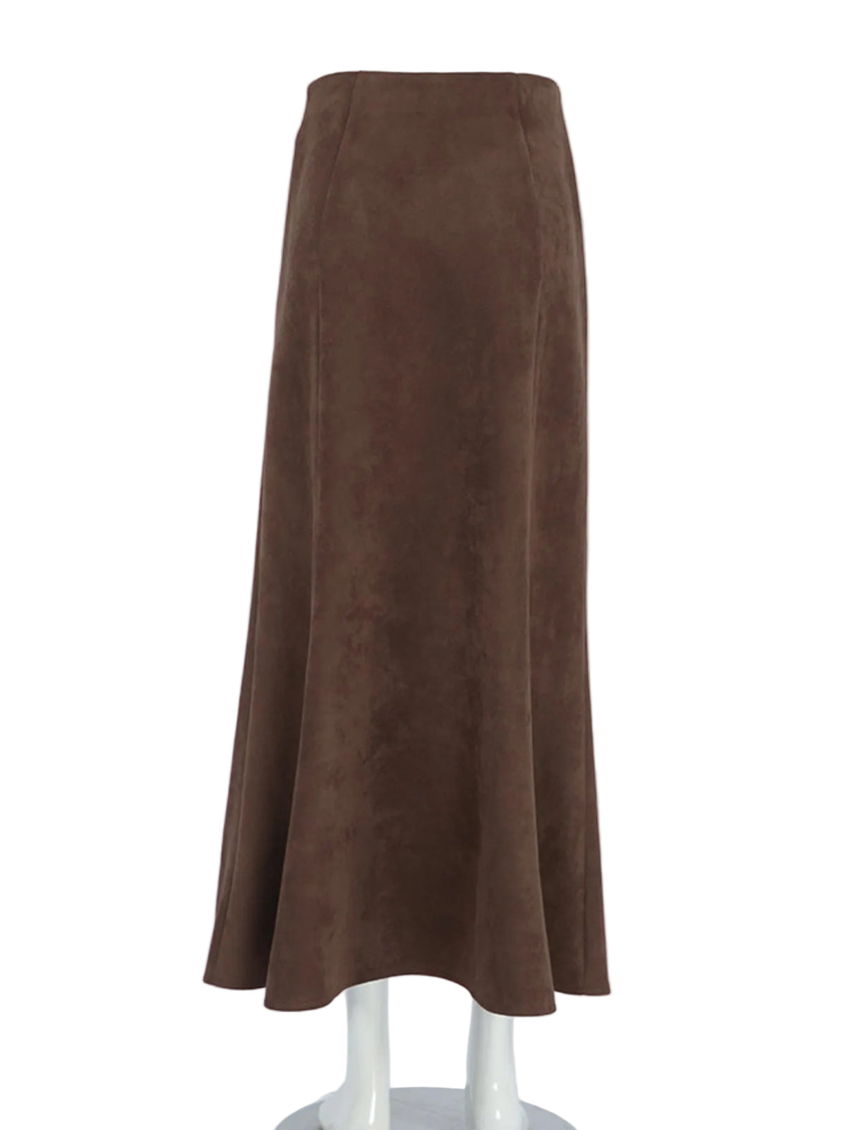 Back view of the dark brown suede midi skirt with a flared hem