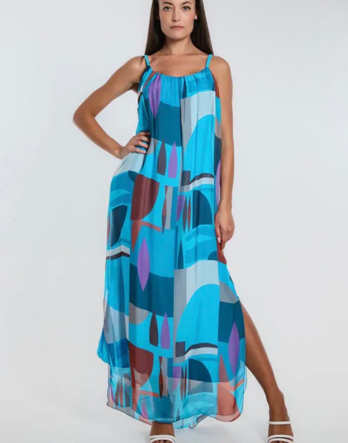 Blue and purple abstract print silk maxi dress with square neckline and spaghetti straps