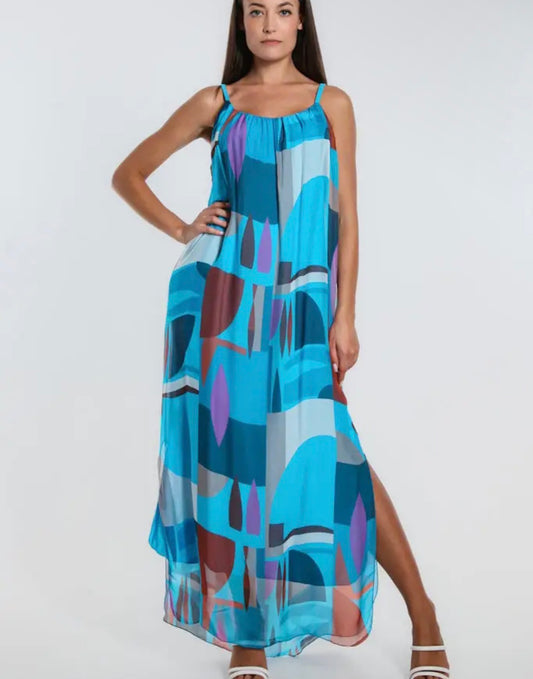 Blue and purple abstract print silk maxi dress with square neckline and spaghetti straps