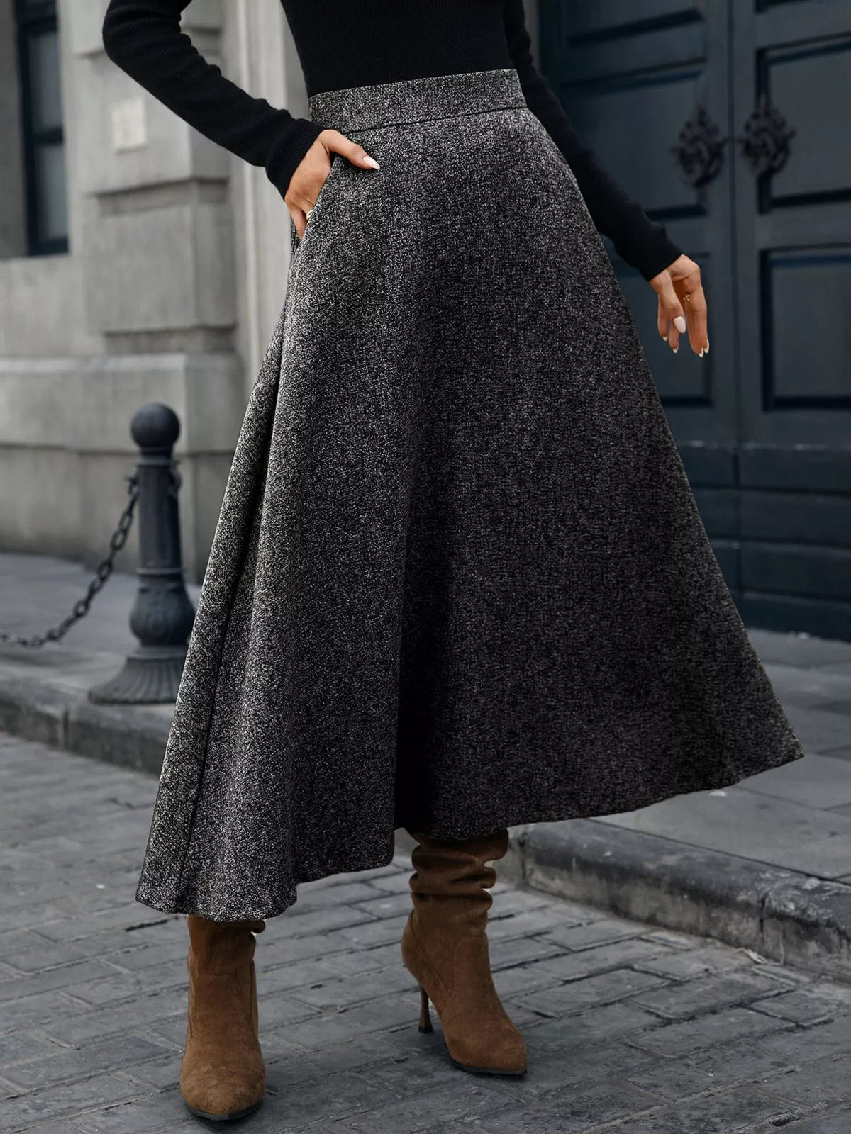 Gray A-line midi skirt with a flared silhouette and wide waistband