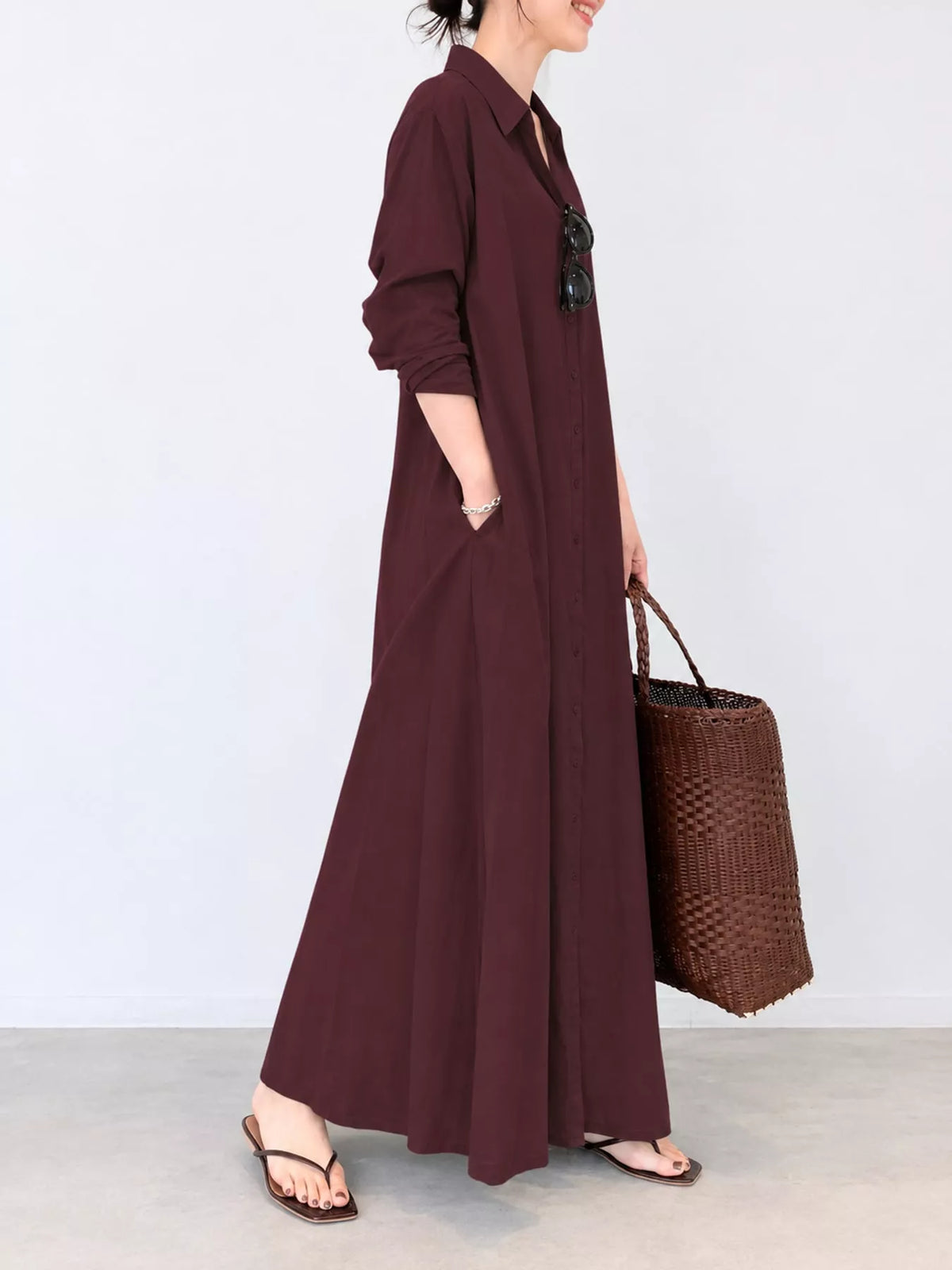 Wine red button-front long-sleeve maxi shirt dress with collar and side pockets