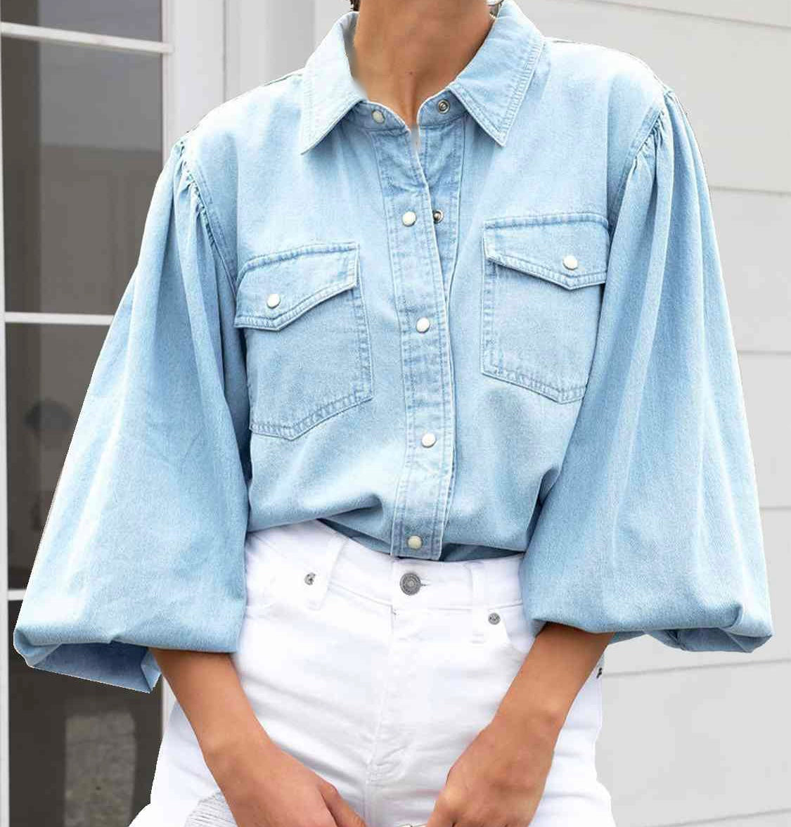 Snap Down Puff Sleeve Denim Jacket