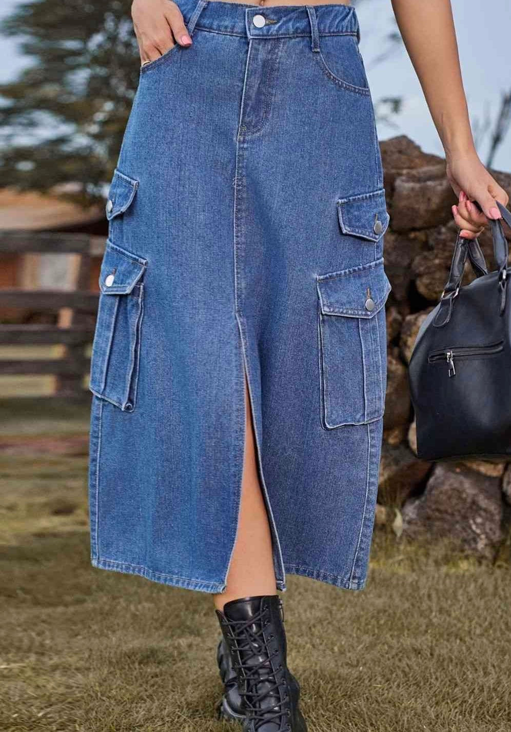 Slit Front Midi Denim Skirt with Pockets