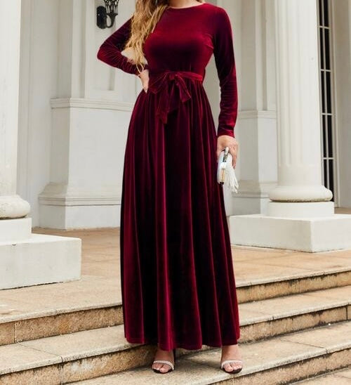 Tie Front Round Neck Long Sleeve Maxi Dress