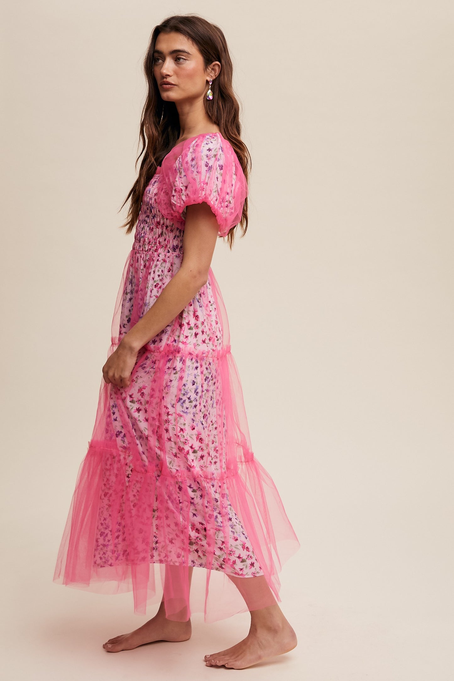 Floral print and mesh puff sleeve maxi dress