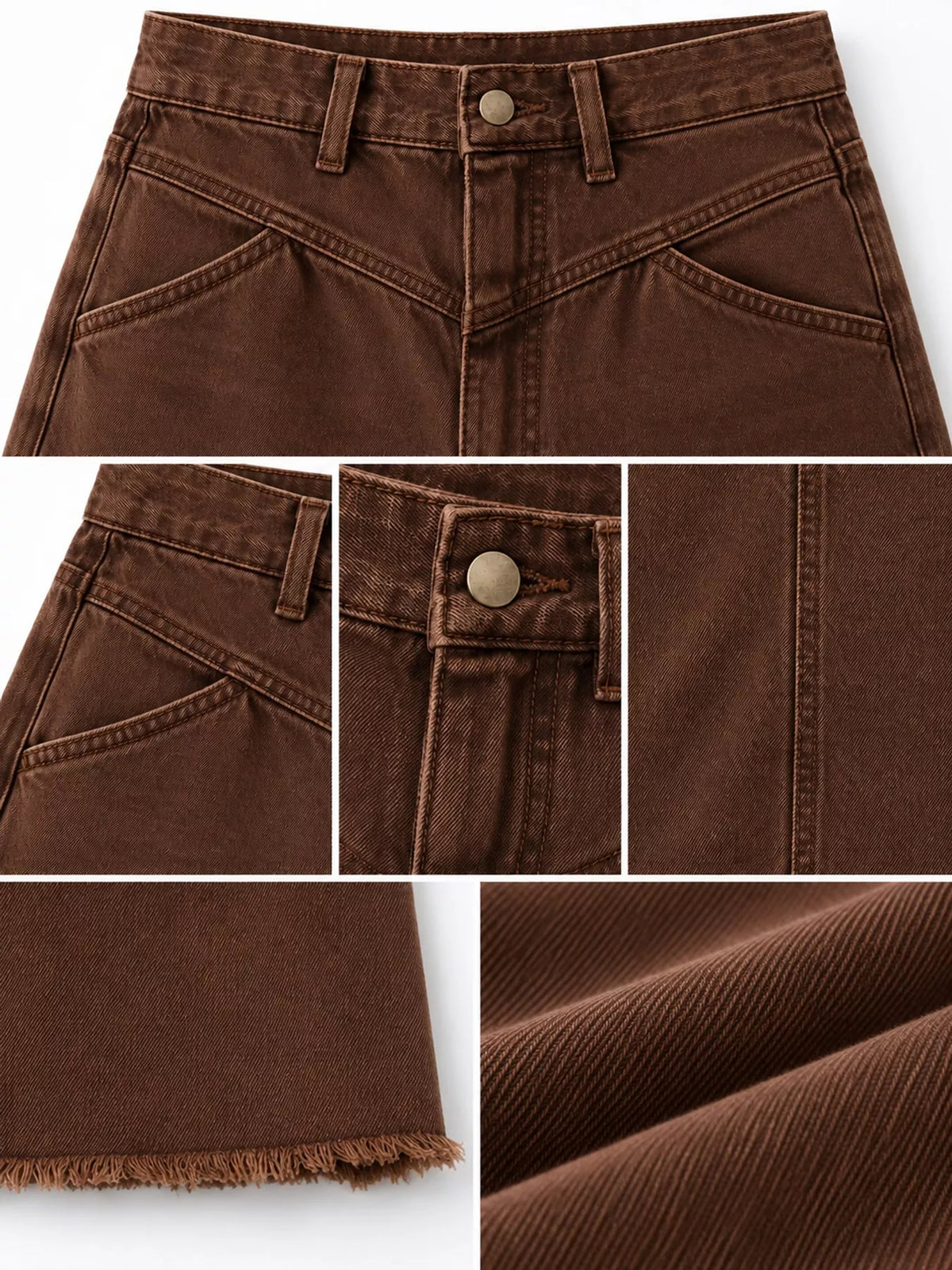 Coffee brown denim maxi skirt with raw hem and button-fly closure detail.