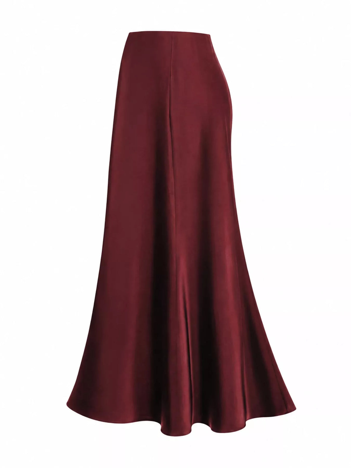 Burgundy satin midi skirt shown from the side, with a high waist and flowing A-line shape