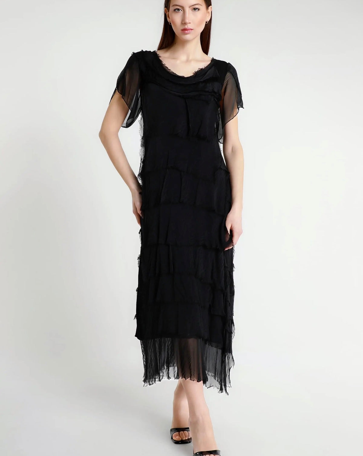Black silk ruffle tiered short-sleeve dress with scalloped neckline and fringe