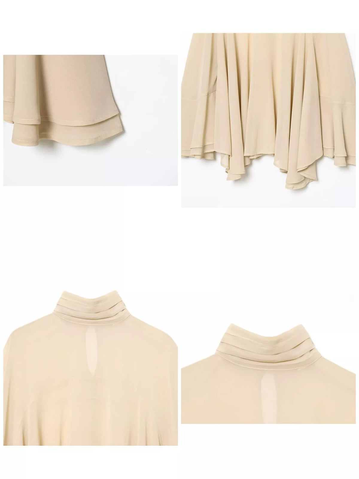 Apricot cover-up detail collage showing the mock neck, back keyhole, and layered hem