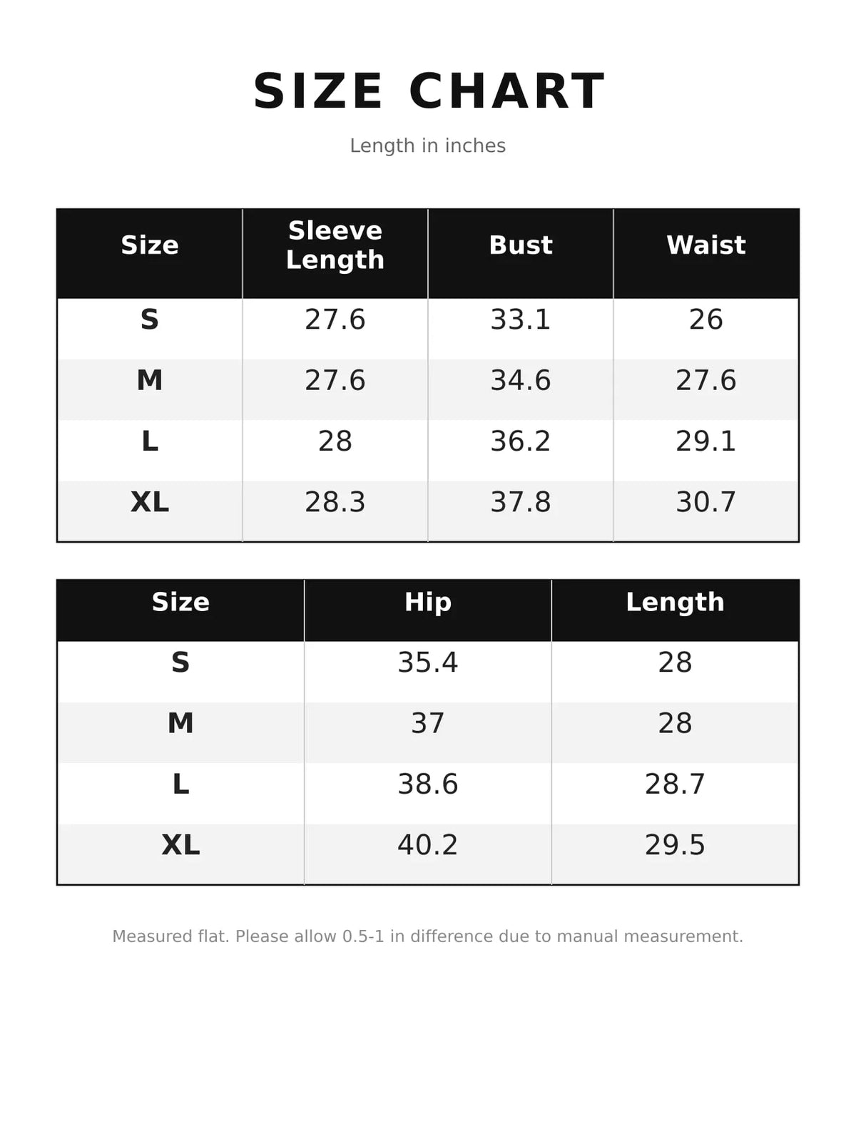 Size chart with sleeve length, bust, waist, hip and garment length measurements