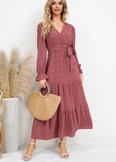 Swiss Dot Tied Surplice Flounce Sleeve Dress