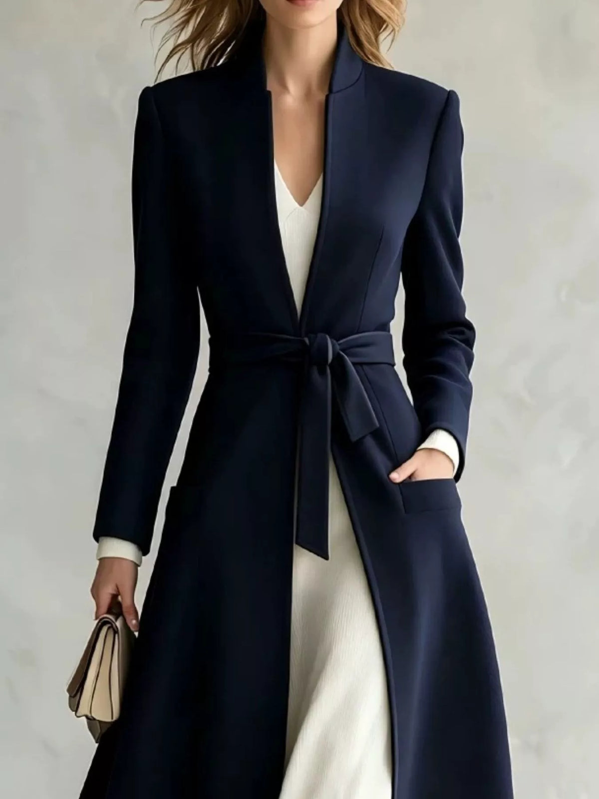 Navy long sleeve tie-waist coat with V-neck, belt tie, and patch pocket