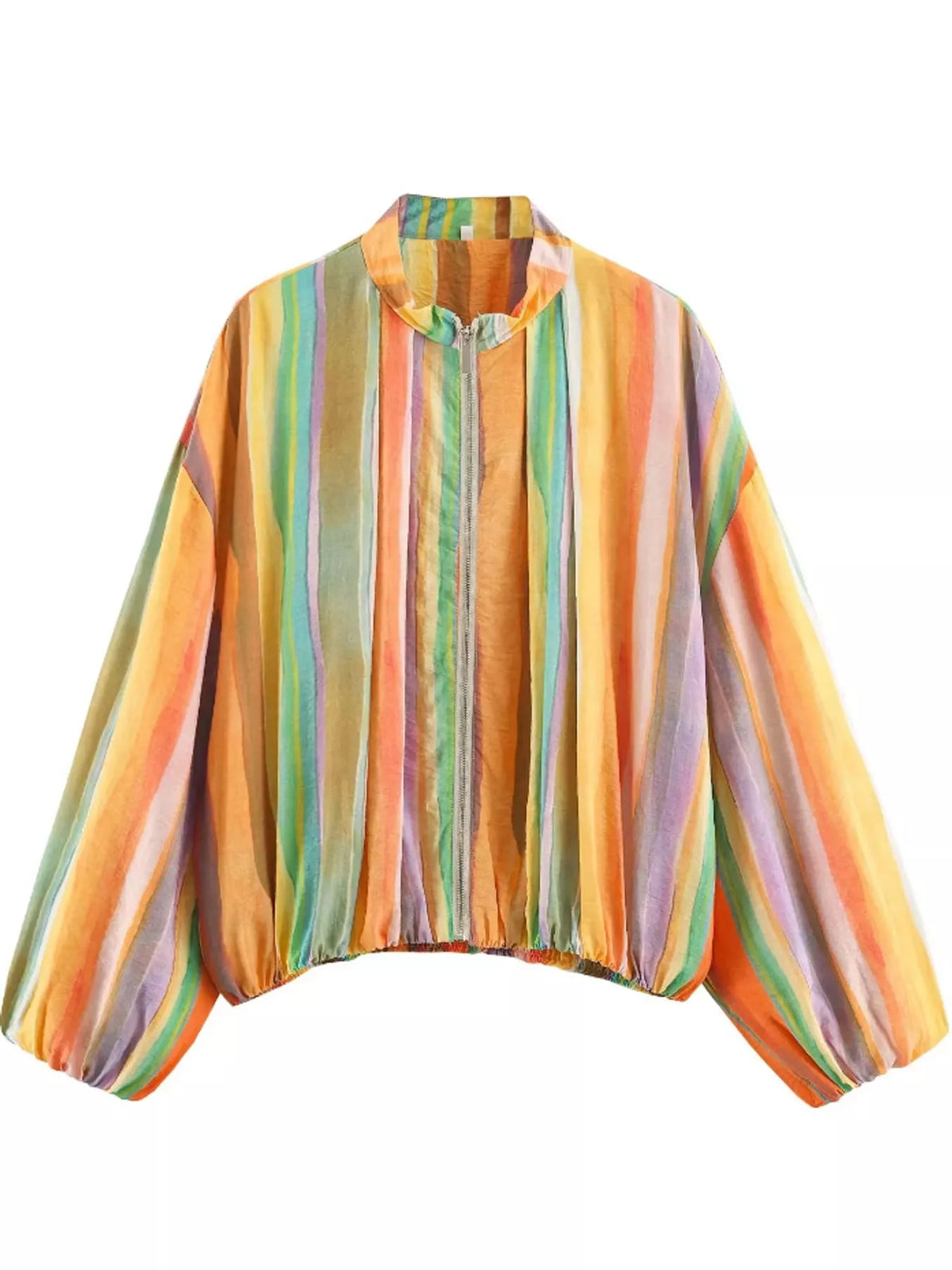 Multicolor striped zip-up lightweight jacket, elastic cuffs and cropped hem