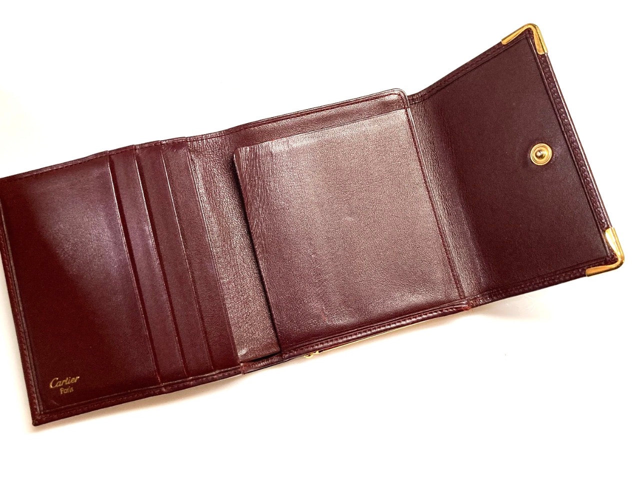Cartier Vintage Must CC Emblem Leather Wallet Trifold Clasp France Burgundy Red