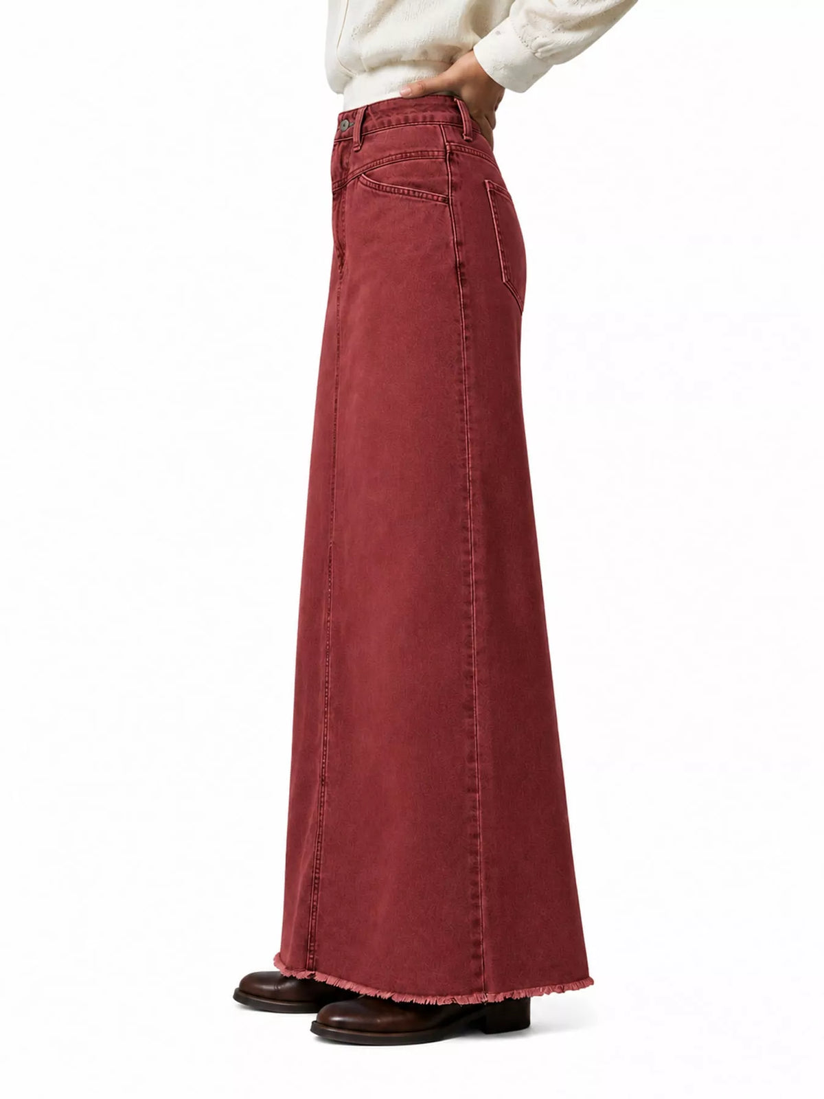 Burgundy raw hem maxi denim skirt, full-length A-line with front button placket