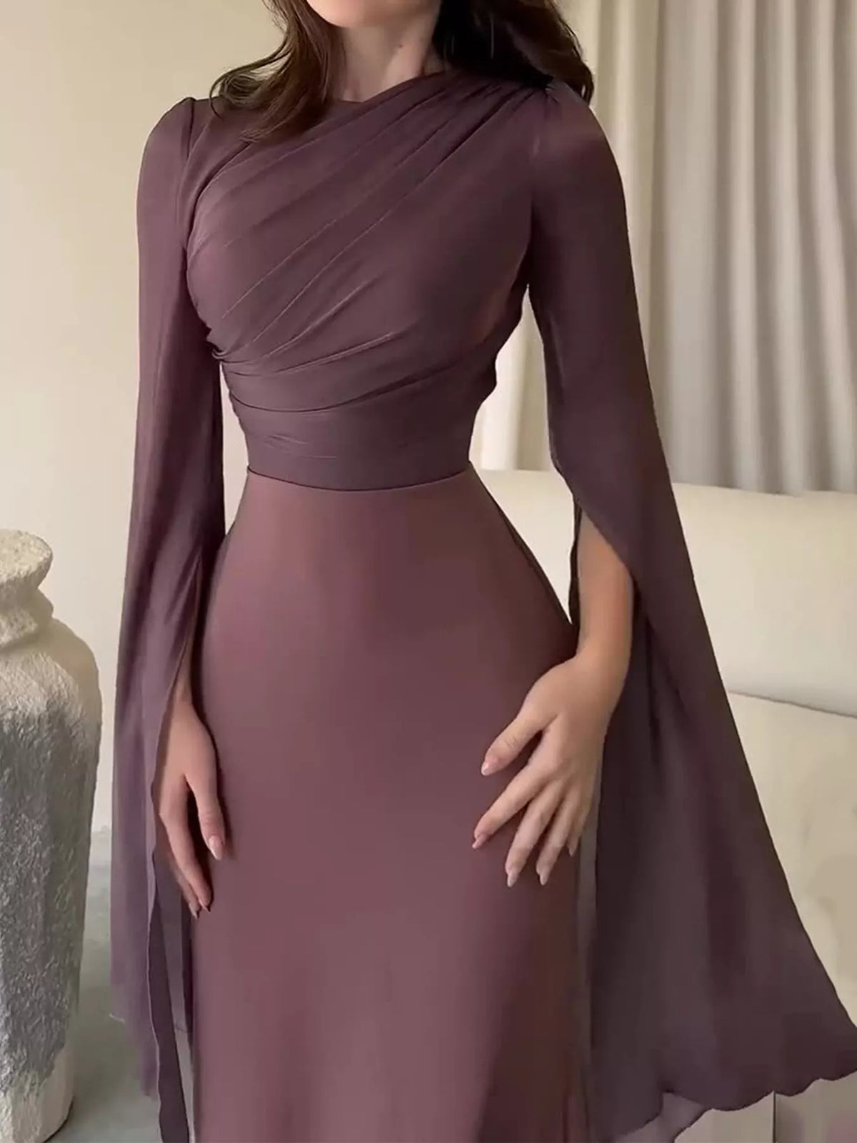 Mauve maxi dress with a ruched bodice and long flowing split sleeves