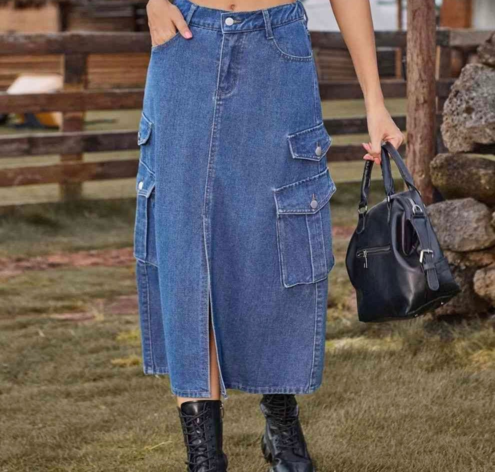 Slit Front Midi Denim Skirt with Pockets