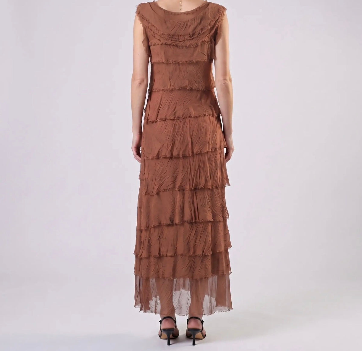 Rust tiered ruffle silk dress, sleeveless high neck, layered hem