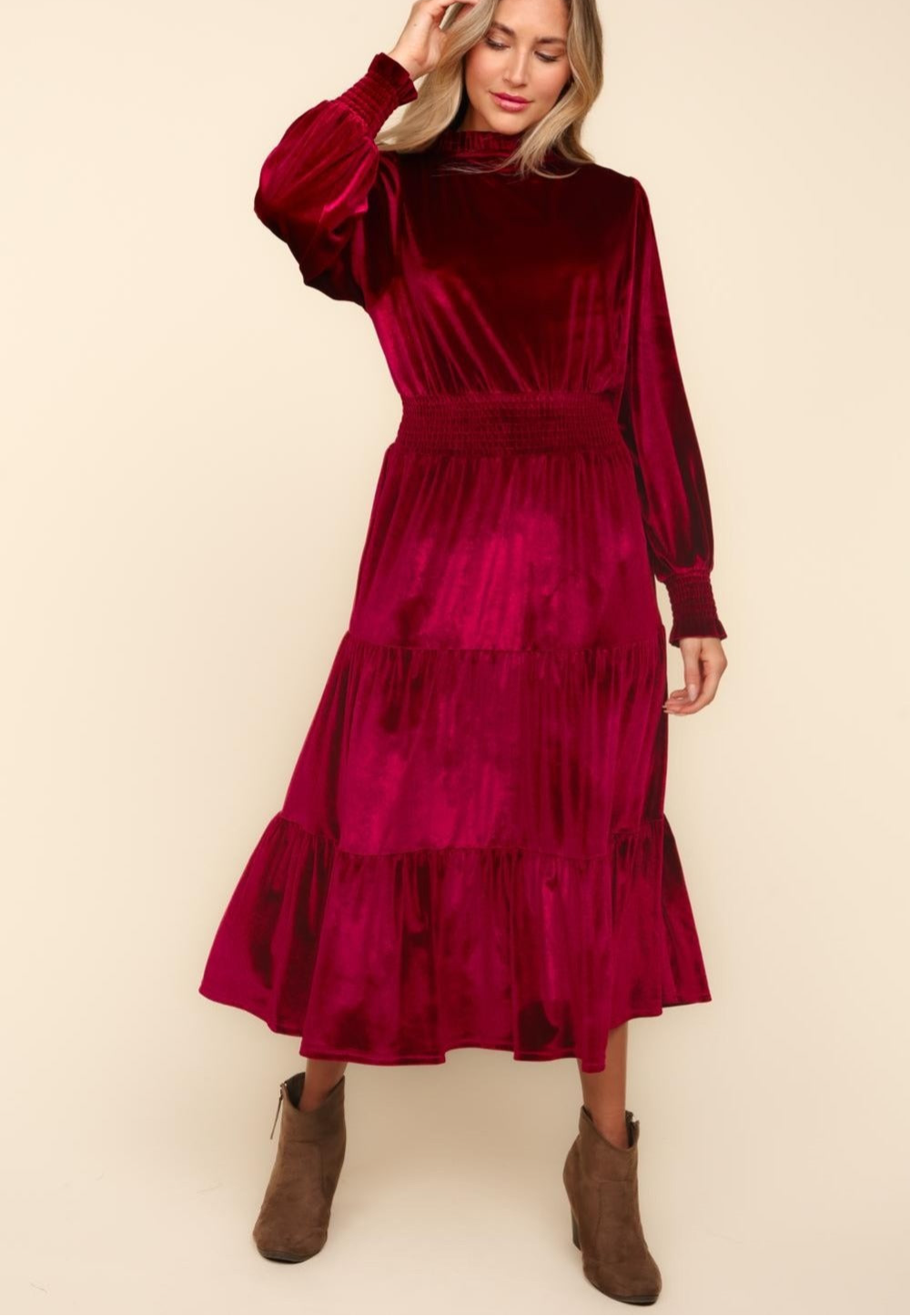 Haptics Mock Neck Smocked Waist Velvet Tiered Dress