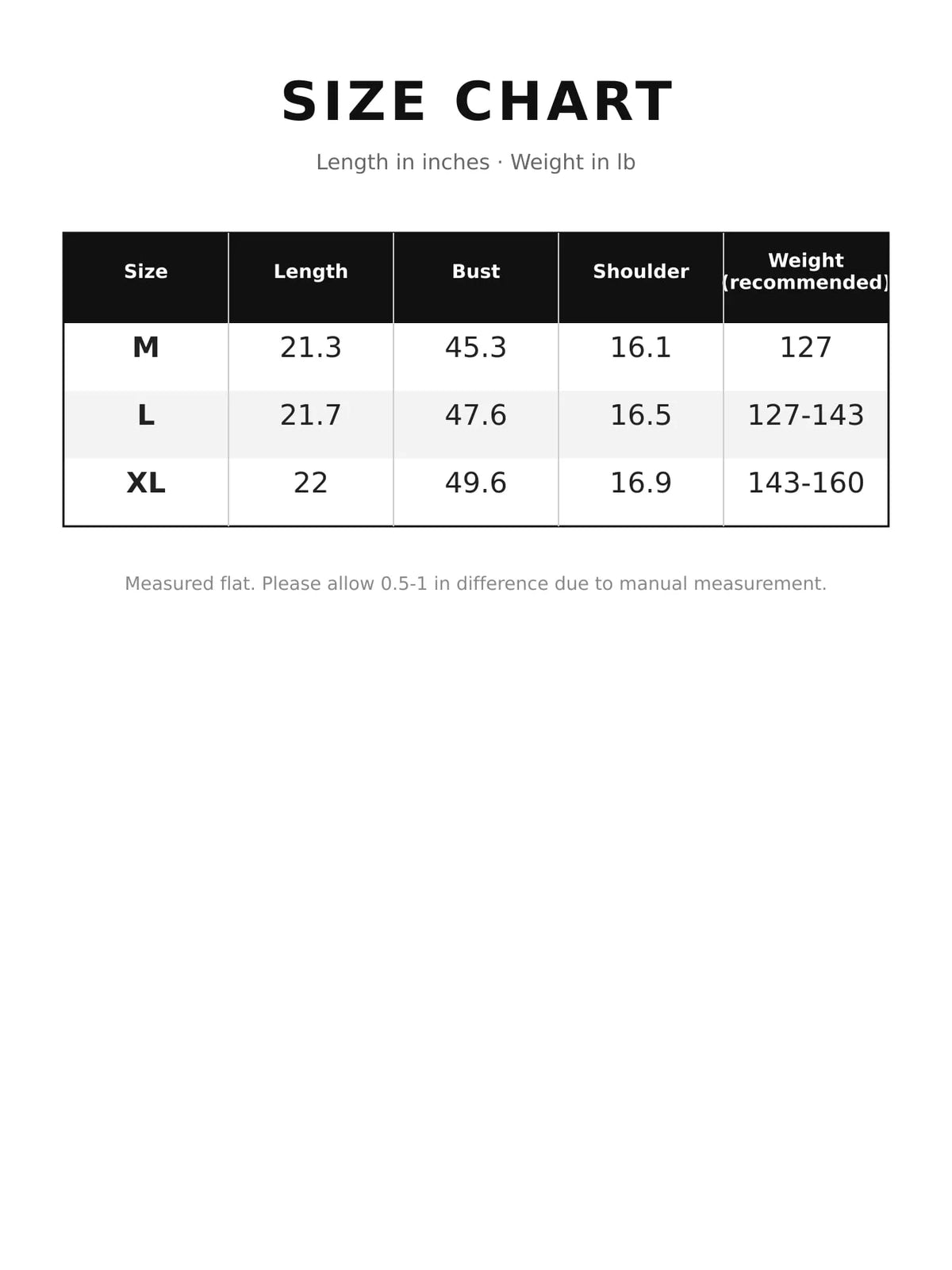 Size chart for zip-up puffer vest coat with length, bust, shoulder, and weight