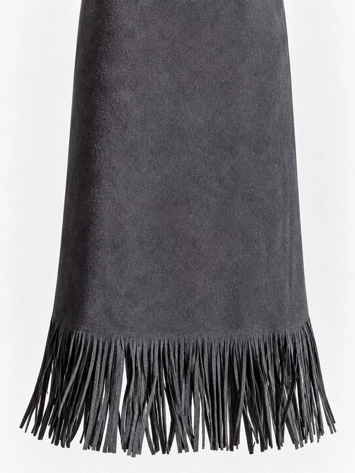 Close-up of dark gray skirt fabric and long fringe hem